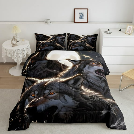 Erosebridal Wolf Moon Bedding Set,Wild Animal Wolves Comforter Set Queen Gothic Bedroom Decor,Wolf Hunting Safari Bedding Comforter Sets Animals Quilt Bed Set 3Pcs