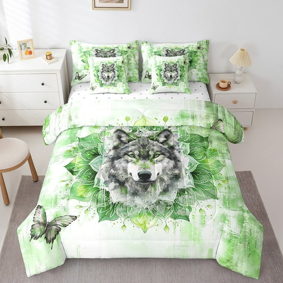 Wolf Print Full Comforter Set 7 Pieces Animal Wildlife Bedding Comforter Sets,Tribal Mandala Floral Bed in a Bag Green Oil Painting Bedding Set,Modern Ombre Bed Sheets Set