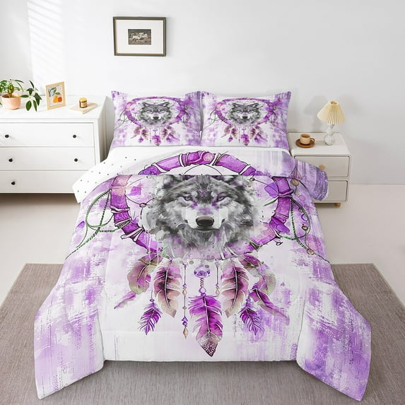 Wolf Print Queen Bedding Sets Tribal Dream Catcher Comforter Set,Animal Wildlife Down Comforter Pink Oil Painting Bedding Comforter Sets,Modern Ombre Duvet Insert