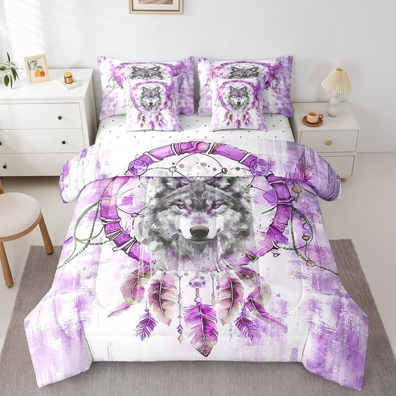 Wolf Print Twin Comforter Set 7 Pieces Tribal Dream Catcher Bedding Comforter Sets,Animal Wildlife Bed in a Bag Pink Oil Painting Bedding Set,Modern Ombre Bed Sheets Set