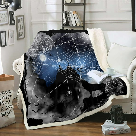 Wolf Silhouette Throw Blanket for Couch Psychedelic Galaxy Fleece Blanket, Geometric Spider Web Sherpa Blanket Safari Animal Blanket, Black Blue Grey Bed Blanket Luxury Bedroom Decor