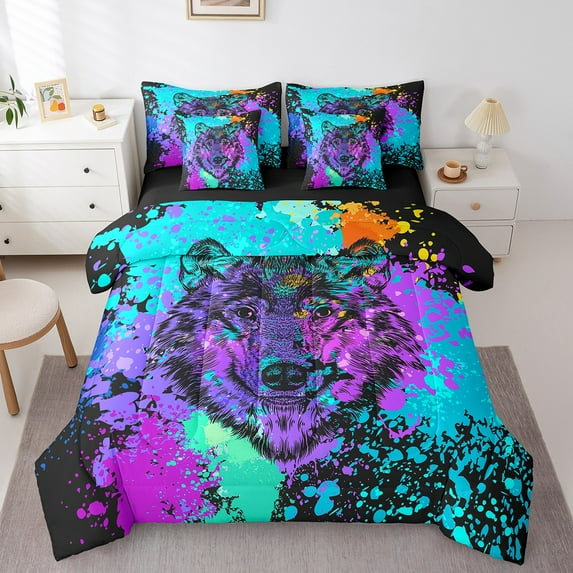 Erosebridal Wolf Sketch Bed In A Bag King Watercolor Tie Dye Comforter Set 7 Piece Teen Adults,Wild Jungle Animal Bedding Set Wildlife Bed Sheets Set With Comforter