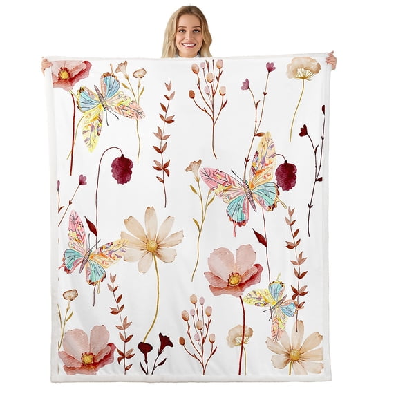 Women Butterfly Floral Throw Blanket Twin Size,Red Beige Flower Fleece Blanket Teens Adult Room,Rustic Farmhouse Sherpa Blanket Pastoral Branches Aesthetic Plush Bed Blanket