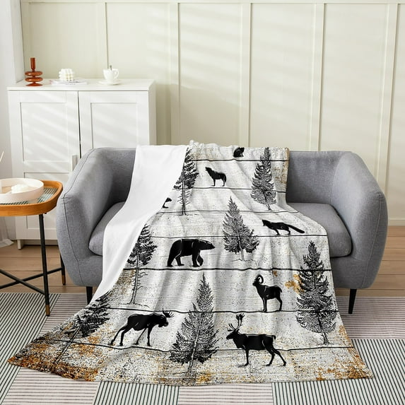 Woodland Animals Blanket,Bear Elk Deer Fleece Blanket Rabbit Wolf Fox Goat Rustic Wildlife Moose Reindeer Throw Blanket Throw 50x60 Inch Vintage Lodge Cabin Pine Trees Farmhouse Decor
