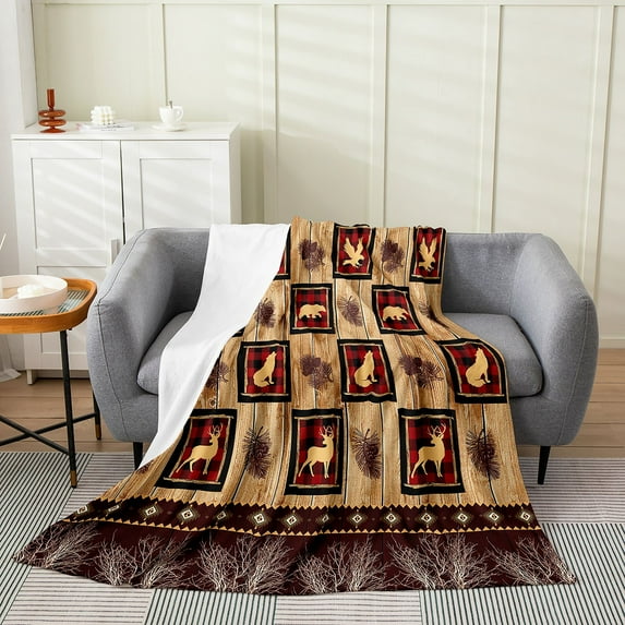 Woodland Animals Blanket,Lodge Cabin Checkered Buffalo Plaid Fleece Blanket Eagle Bear Wolf Throw Blanket Twin 60x80 Inch Country Pine Tree Branch Rustic Elk Deer Farmhouse Decor