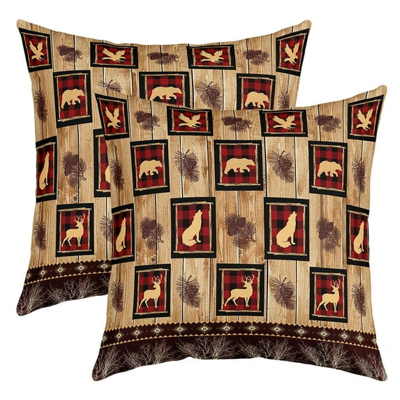 Woodland Animals Pillow Covers,Lodge Cabin Buffalo Plaid Cushion Covers Eagle Bear Wolf Throw Pillow Covers 18x18 Inch Country Pine Tree Branch Rustic Elk Deer Farmhouse Decor