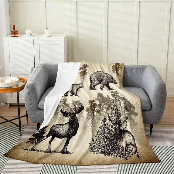Woodland Animals Throw Blanket 40x50 Inch Bear Moose Elk Blanket,Reindeer Rustic Deer Fleece Blanket Country Pine Trees Wildlife Vintage Farmhouse Decor