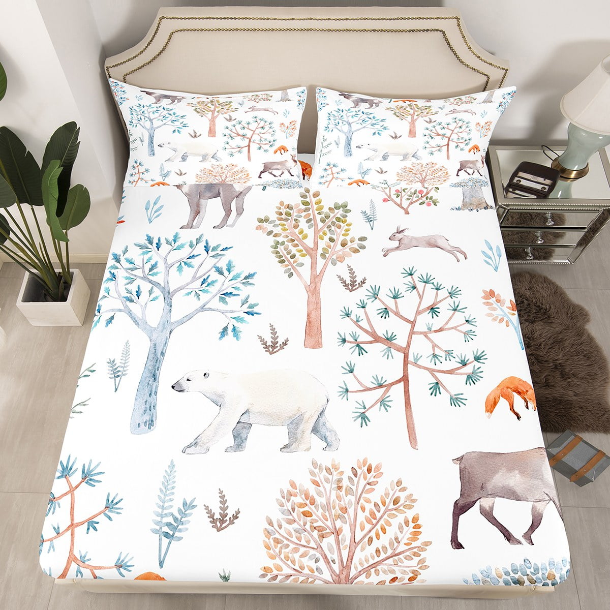 YST Woodland Kids Fitted Sheet Twin,Rustic Bear Moose Fox Bed Sheets