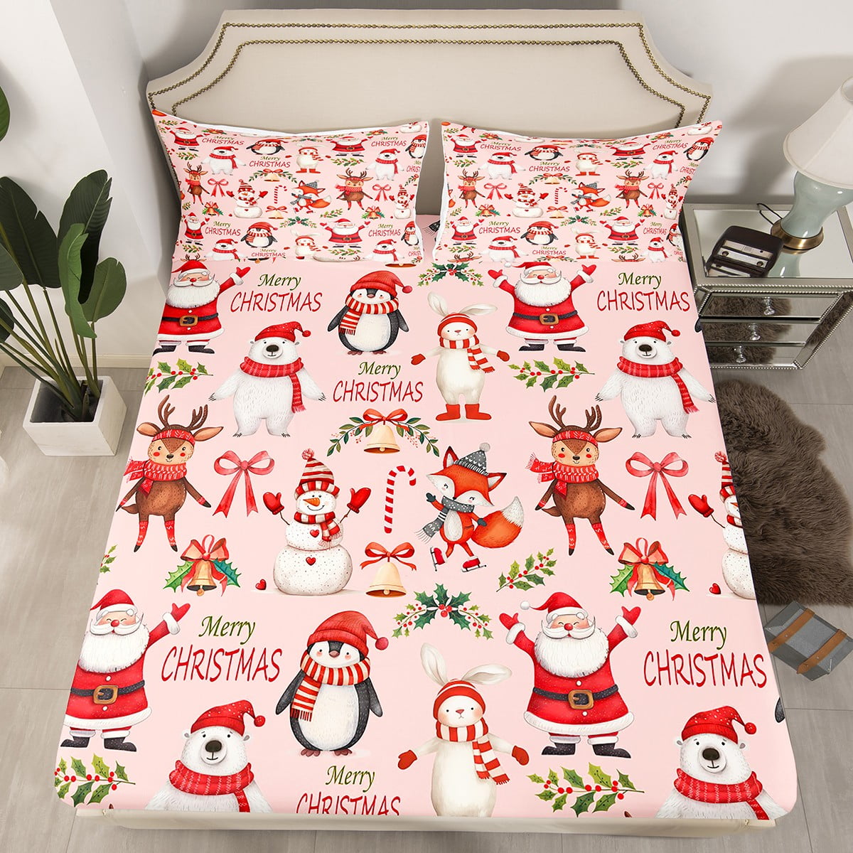 YST Xmas Decor Bedding Set For Girls Kids, Santa Claus Fitted Sheet