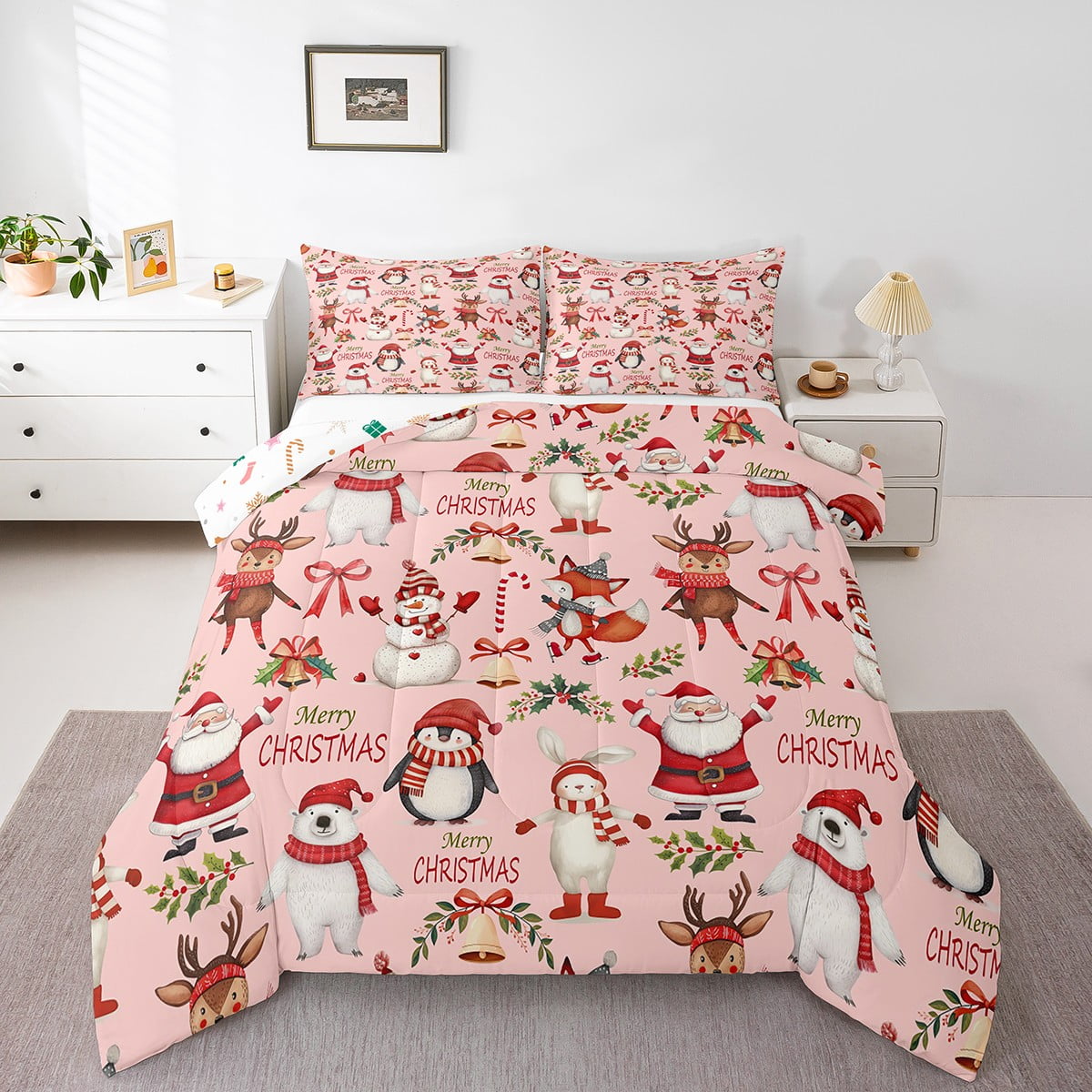 YST Xmas Decor Comforter Set For Girls, Santa Claus Bedding Comforter