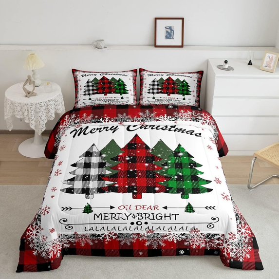 Xmas Tree Comforter Set King Size,Merry Christmas Quilt Set,New Year Theme Plaid Print Bedding Set Bedroom Decor