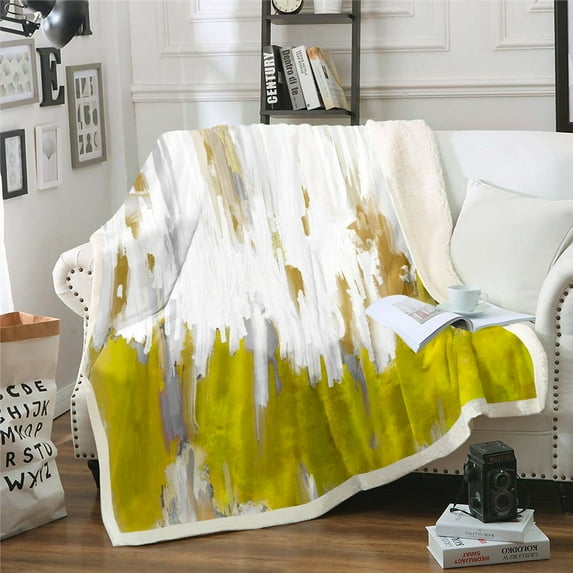 Yellow Blanket Gradient Brush Marks Throw Blanket for Bed, Watercolor Stripe Aesthetic Fleece Blanket Abstract Ombre Sherpa Blanket, Chic Vintage Contemporary Fuzzy Blanket