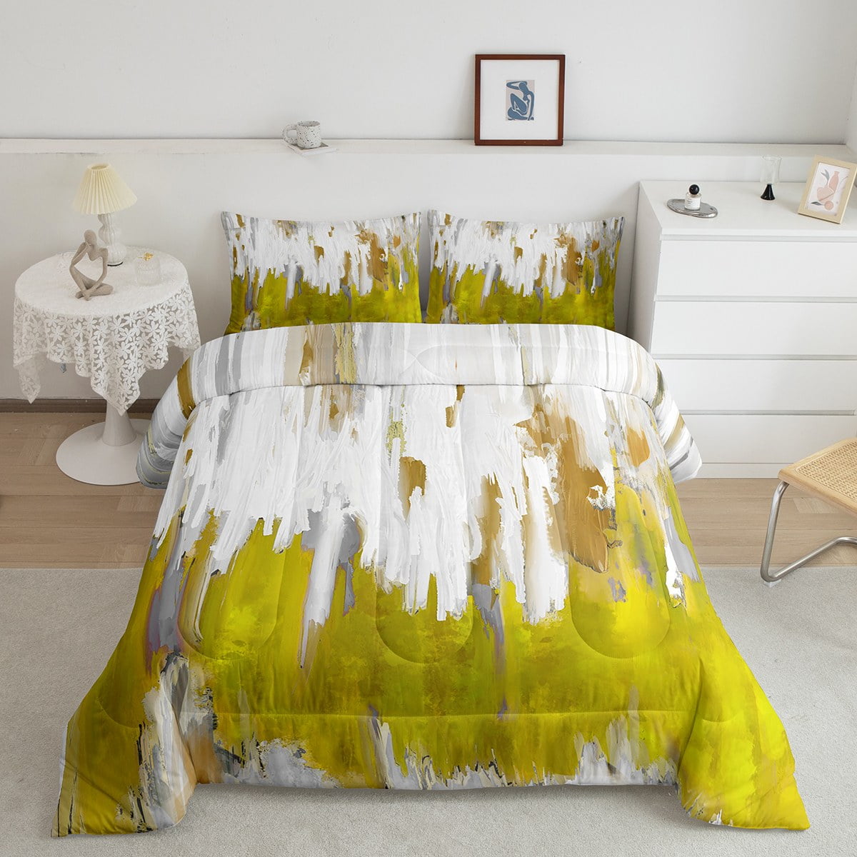 YST Yellow Comforter Twin Gradient Brush Marks Bedding Set, Watercolor