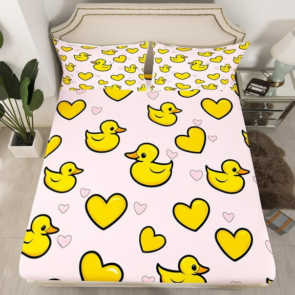 YST Yellow Duck Twin Fitted Sheet,Cute Rubber Duck Bedding Set for Kids Girls Boys,Pink Love Heart Bottom Sheets Gifts for Pet Lovers,Funny Animal Print Bed Set 2Pcs