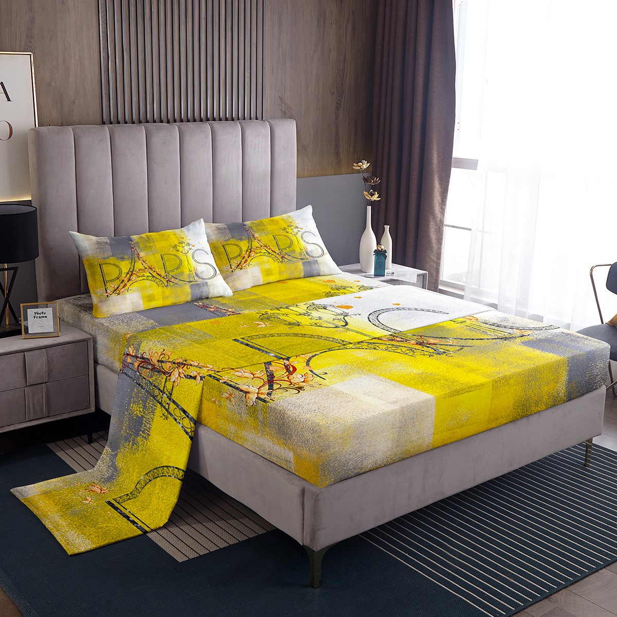 YST Yellow Grey King Sheet Set Grunge Ombre Sheets, Retro Watercolor