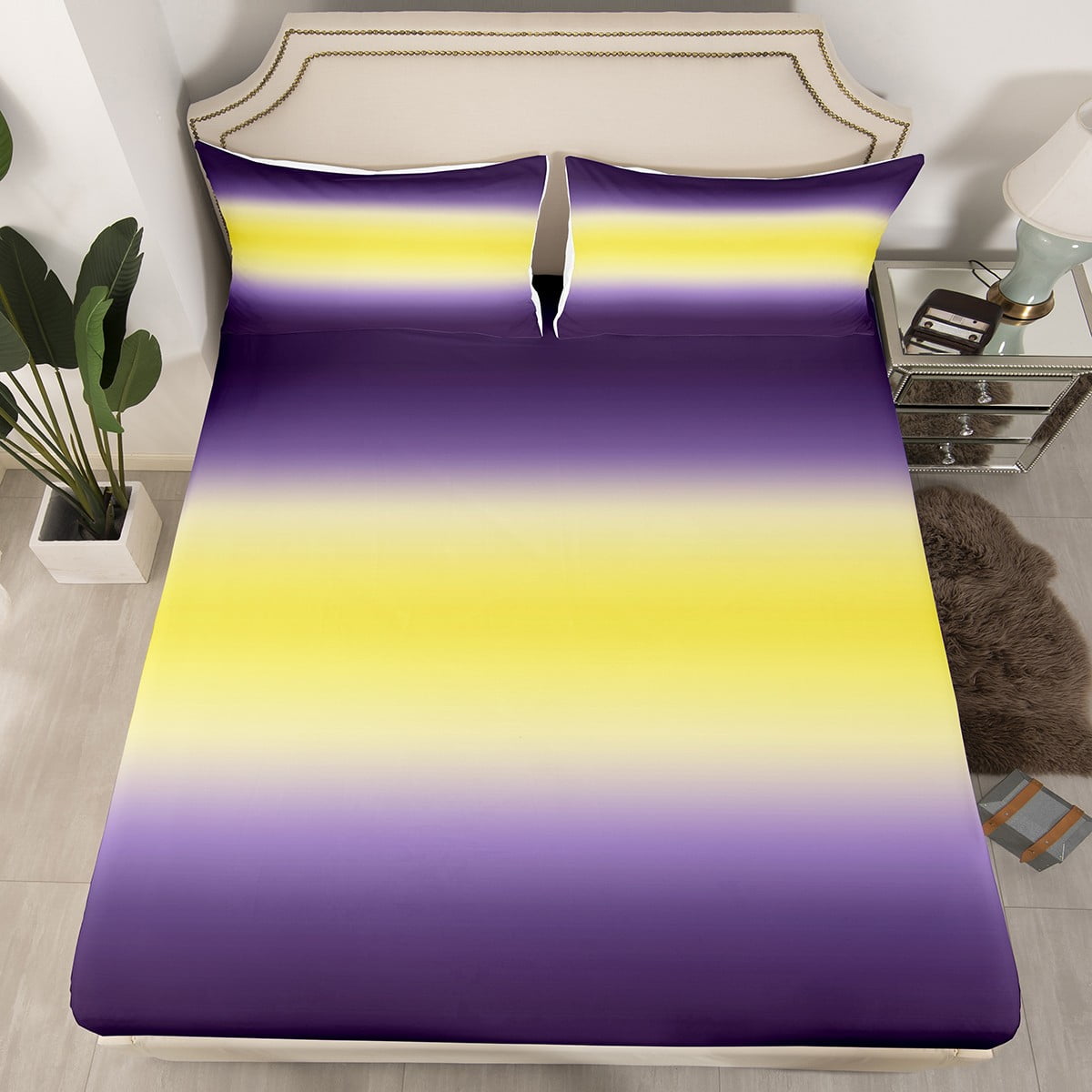 YST Yellow and Purple Bed Sheets Watercolor Rainbow Colorful Bed Set