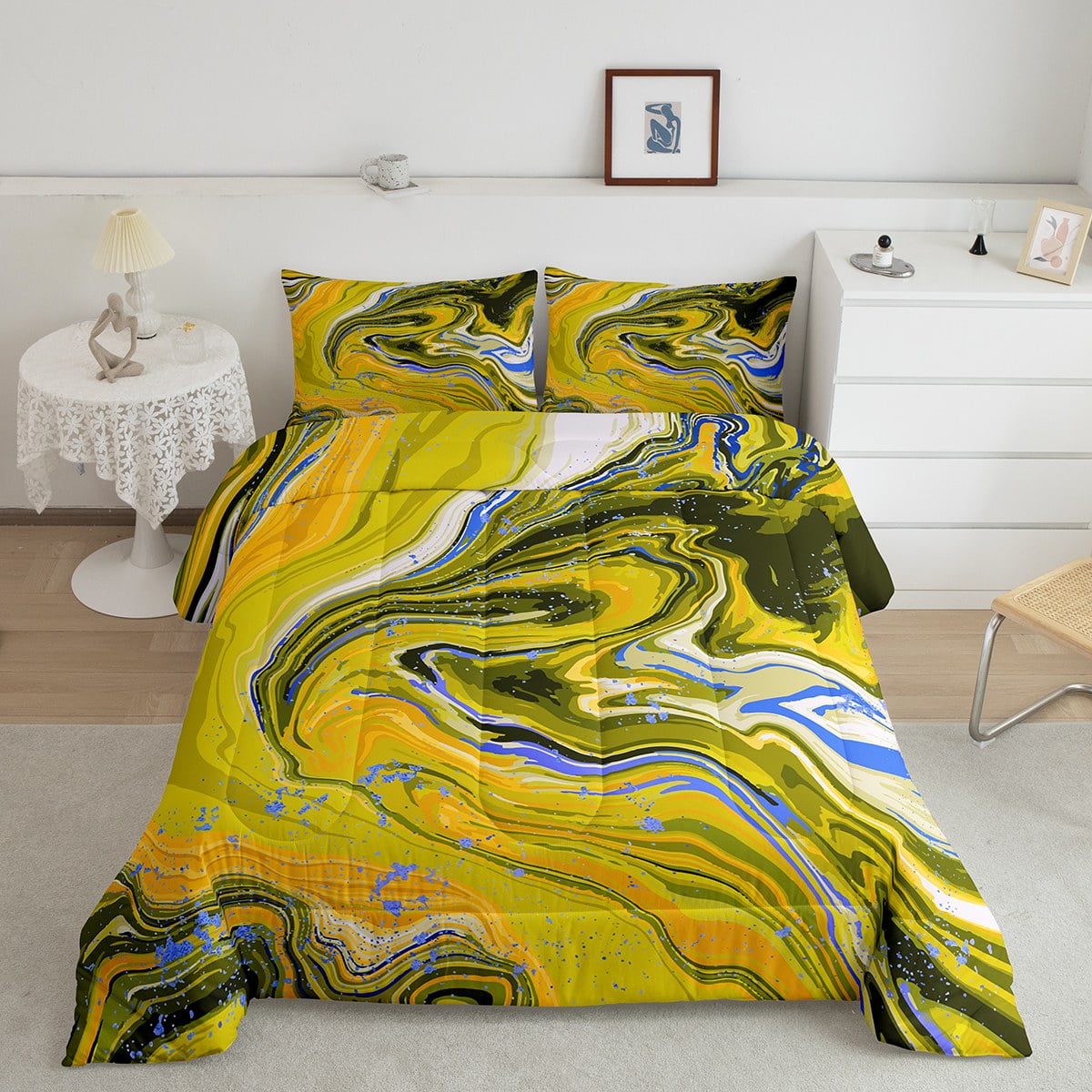 YST Yellow Swirl Comforter Set Queen Gold Marble Bedding Set