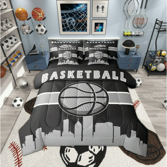 Erosebridal Young Gamer Twin Comforter Set 7-Piece Basketball Bedding Comforter Sets, Sport Theme Bed in a Bag Black Grey Gray Bedding Set