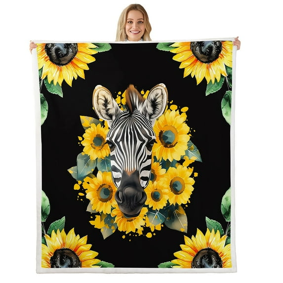 Zebra Throw Blanket, Sunflower Petal Fleece Blanket Queen Size, Cute Animal Wildlife Sherpa Blanket Rustic Floral Country Fuzzy Blanket Black Yellow Bedroom Decor
