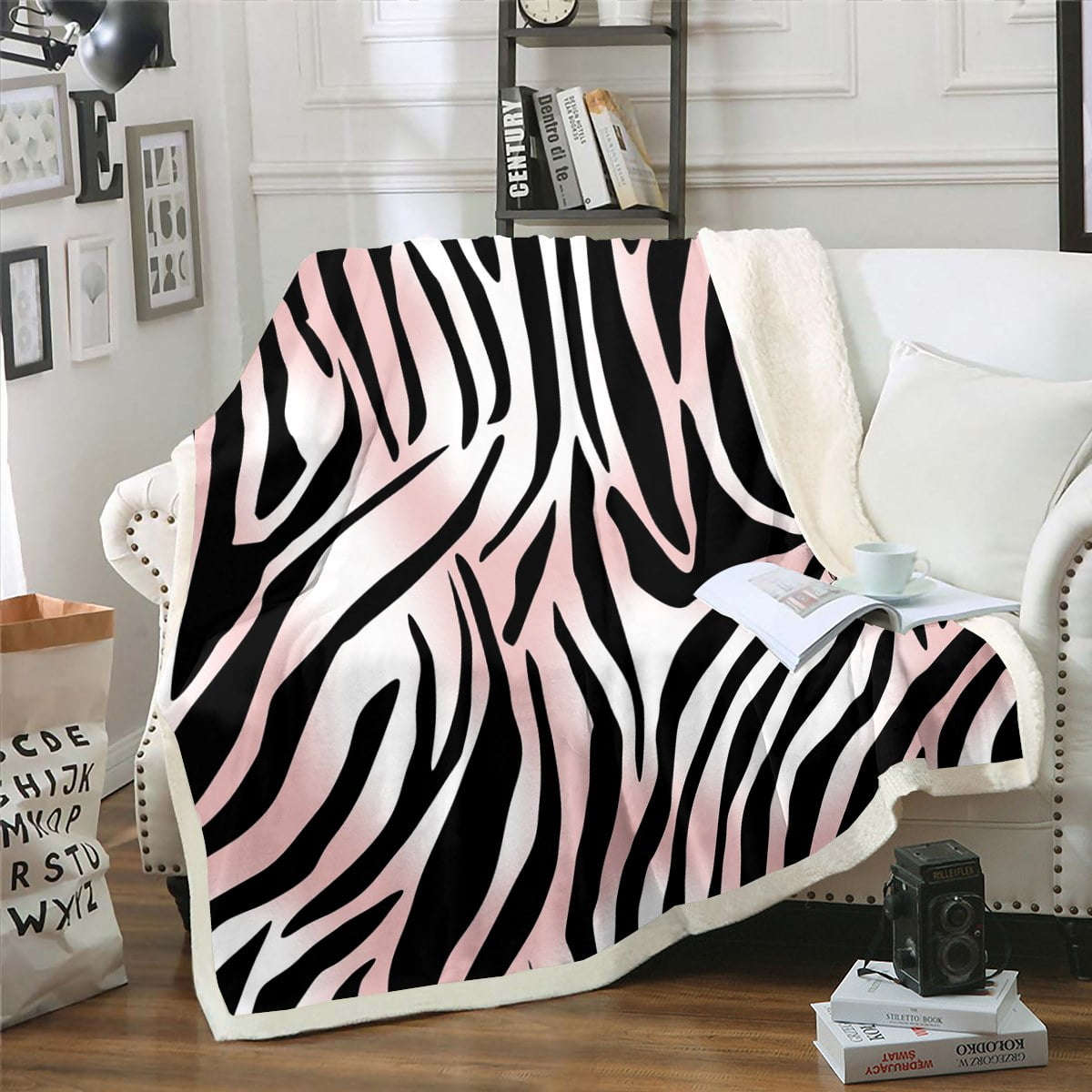 YST Zebra Print Blanket Black White Pink Throw Blanket for Bed, Wild