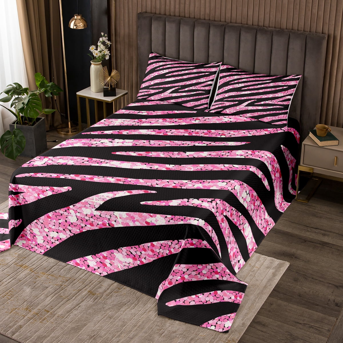 YST Zebra Print Coverlet King Size Black Pink Bedding Set, Animal Printed Bedspread Set Girly ...