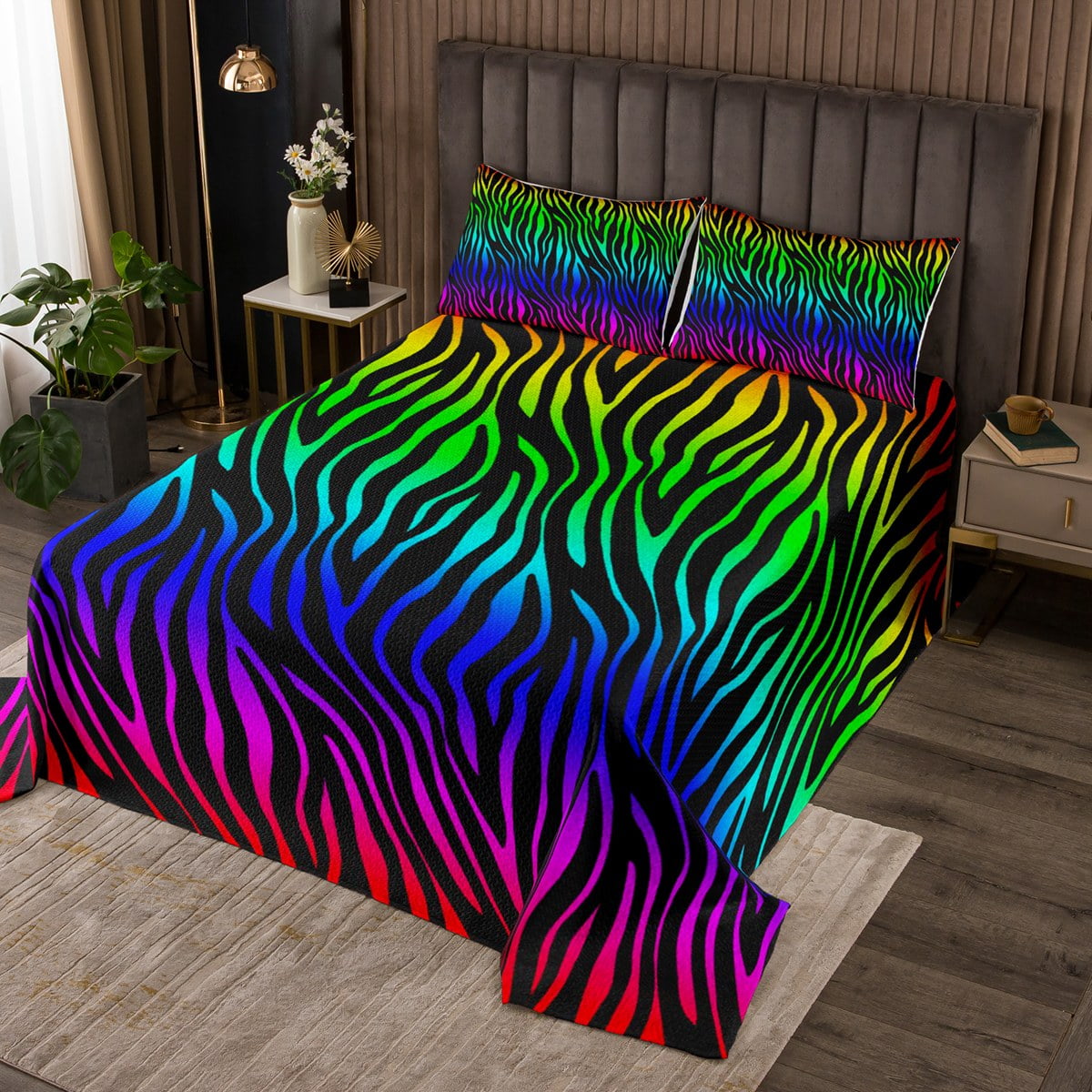 YST Zebra Print Coverlet King Size Rainbow Gradient Bedding Set, Wild Animal Theme Bedspread Set