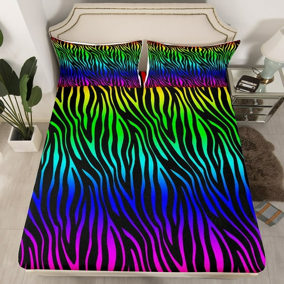 Zebra Print Full Fitted Sheet Rainbow Gradient Sheets, Wild Animal Theme Bed Sheets Safari Wildlife Bed Cover, Abstract Stripe Bed Set for All Seasons Lightweight 3-Piece (Deep Pocket)