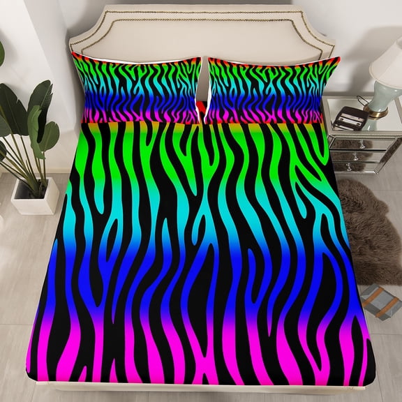 Zebra Print Full Fitted Sheet Rainbow Gradient Sheets, Wild Animal Theme Bed Sheets Safari Wildlife Bed Cover, Abstract Stripe Bed Set for All Seasons Lightweight 3-Piece (Deep Pocket)