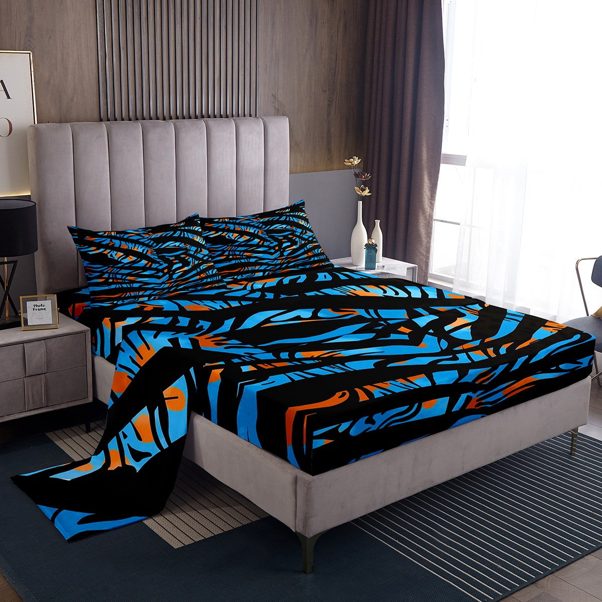 YST Zebra Print Queen Sheets Black and Blue Bed Set, Wild Animal Theme