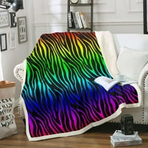 Zebra Print Sherpa Blanket Rainbow Gradient Blanket, Wild Animal Theme Throw Blanket for Chair Safari Wildlife Fleece Blanket, Abstract Stripe Plush Blanket for All Seasons Lightweight