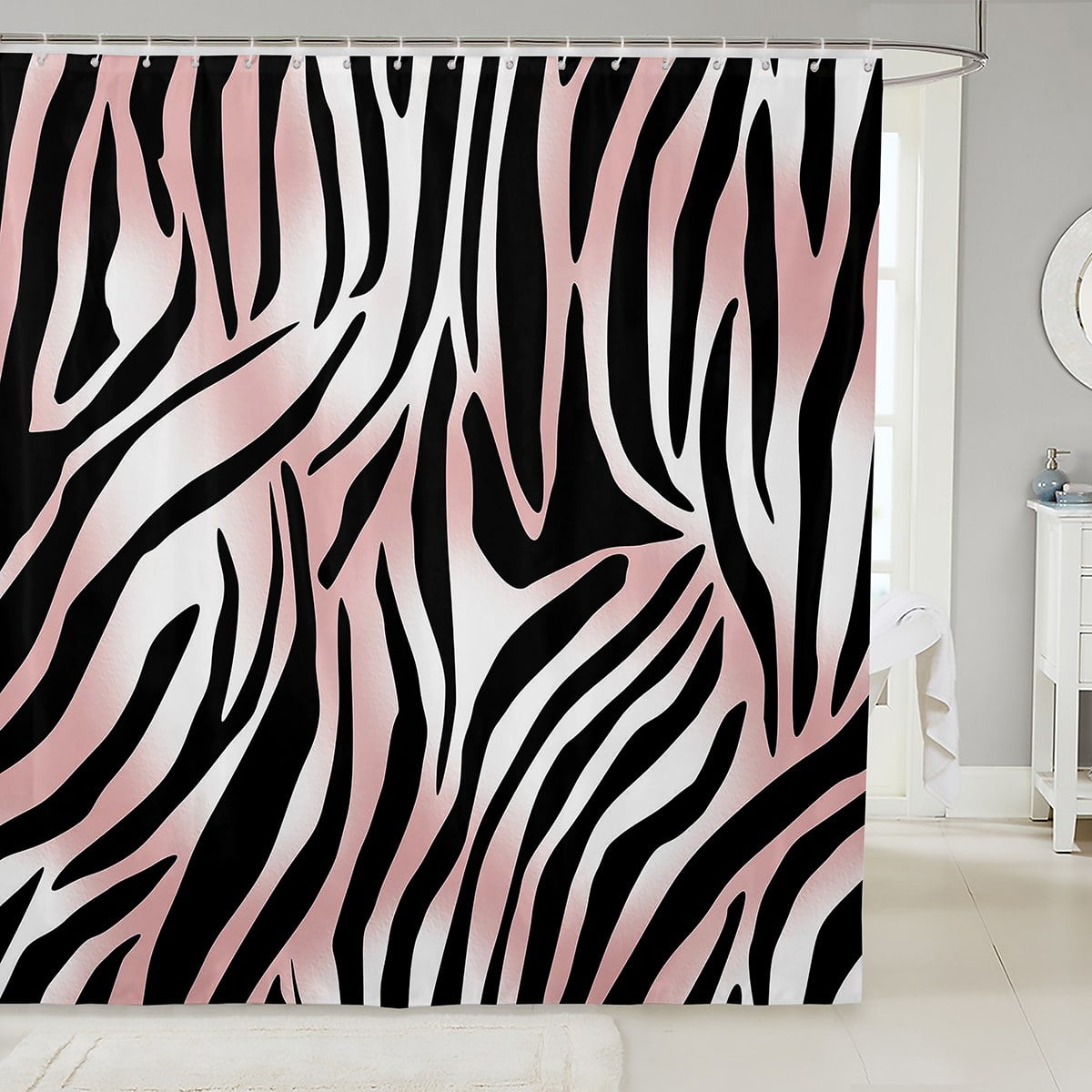 YST Zebra Print Shower Curtain Black White Pink Waterproof Bathroom