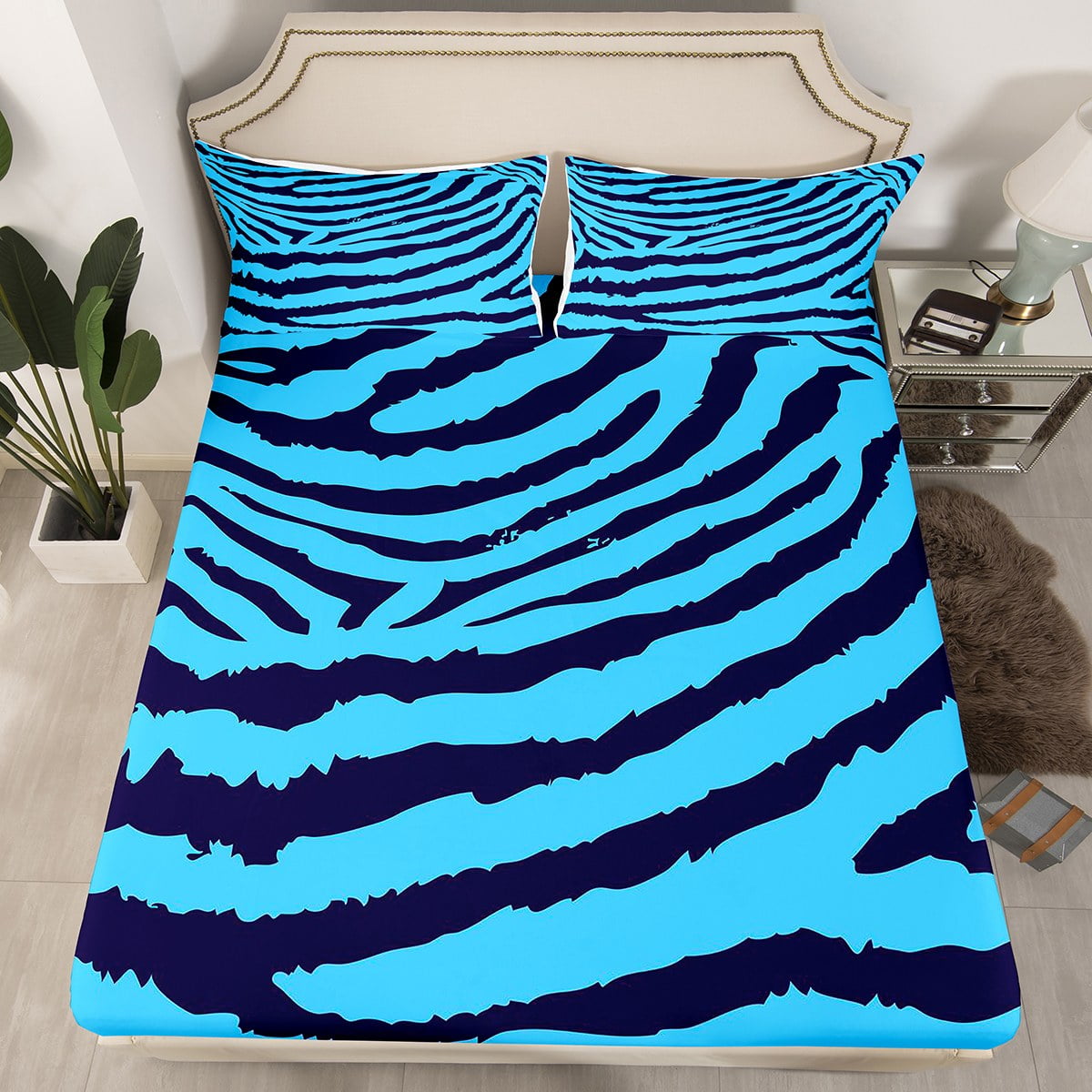YST Zebra Print Twin Sheets Black and Blue Bed Sheets, Wild Animal