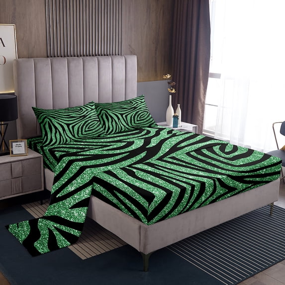 Erosebridal Zebra Twin Sheet Set Black Green Sheets, Animal Printed Bed Set Chic Turqoise Glitters Bed Sheets Set, Geometry Stripe Fitted Sheet Safari Wildlife Bedroom Decor