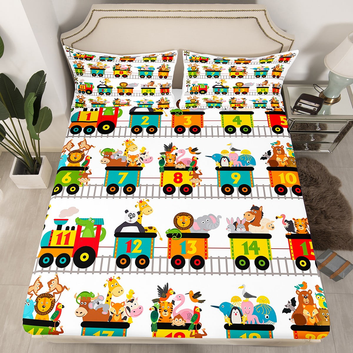 YST Zoo Animals Bed Sheets for Kids Toddler Cartoon Train Fitted Sheet