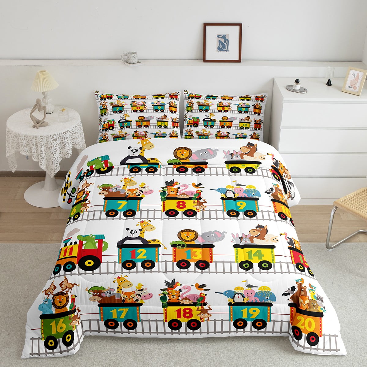 YST Zoo Animals Comforter Set Twin for Kids Toddler Cartoon Train Bedding Set, Cute Steam Engine