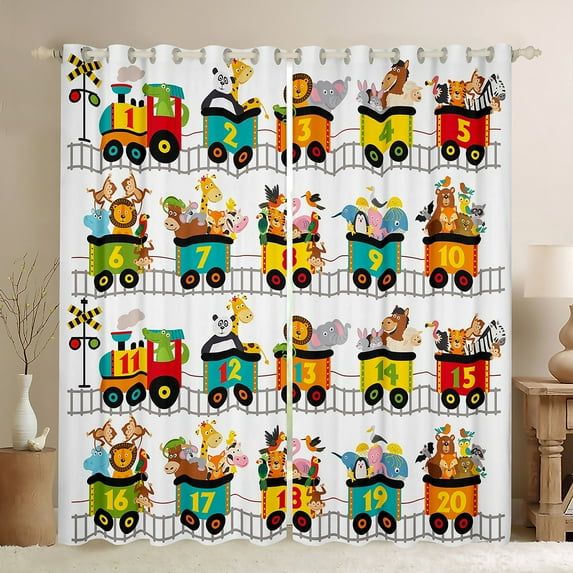 Erosebridal Zoo Animals Curtains & Drapes Cartoon Train Curtains, Cute Steam Engine Blackout Curtains Giraffe Lion Elephant Living Room Curtains, Number One to Twenty Window Curtains