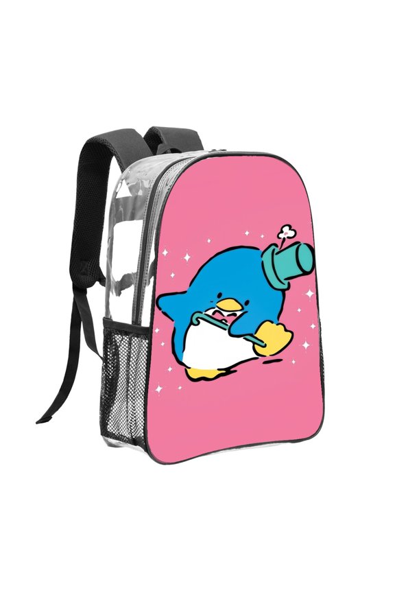 Tuxedo Sam Clear Backpack, Lightweight Transparent PVC Bag with Side Mesh Pockets for School Travel Sports