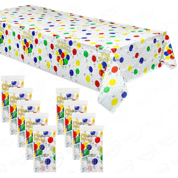 YSTDHL 10 Pack Happy Birthday Balloons Plastic Tablecloth Table Covers for Rectangle Tables, 54" x 108" Picnic Tablecloth Disposable Party Table Cloths for Parties Wedding Bridal Shower
