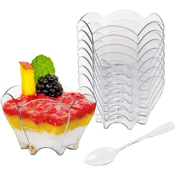 YSTDHL 100 Pack Mini Parfaits Dessert Cups with 100 Spoons, 2.5oz Clear Small Serving Bowl for Tasting Party Desserts Appetizers(Flower Shape)