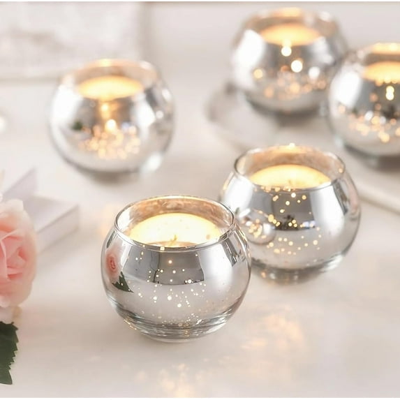 YSTDHL 12 Pack Round SilverVotive Candle Holders, 2-Inch Glass Tealight Candle Holder for Table Centerpiece, Wedding Decoration, Party, and Home Decor