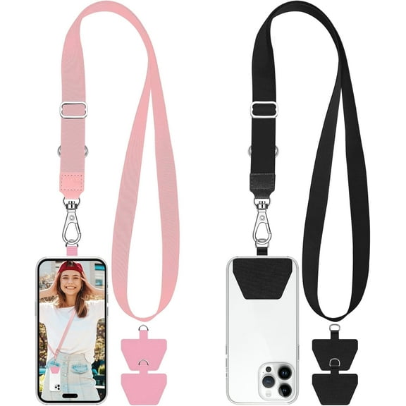 YSTDHL 2 Pcs Adjustable Phone Lanyard Neck Strap, Universal Mobile Phone Lanyard with 4 Adhesive Tethers, Compatible for iPhone, Samsung, HUAWEI and Most Smartphone Black & Pink