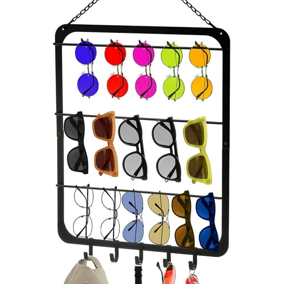 YSTDHL 3 Tier Hanging Sunglasses Organizer Storage, Wall Mounted Glasses Holder for Wall and Door with 5 Hooks, Metal Eyeglasses Rack, Multiple Eyewear Display Hanger, Holds Up to 29 Glasses