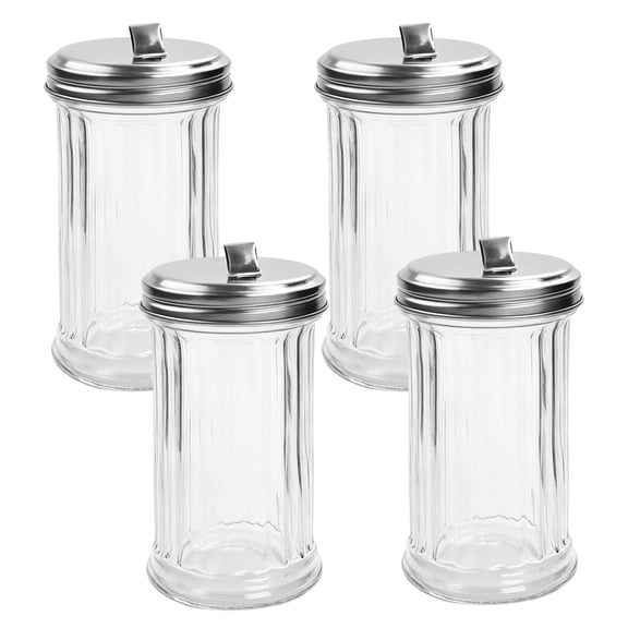 YSTDHL 4 Pack 12OZ Glass Sugar Dispenser/Pourer/Shaker with Stainless Steel Pour-Flap Lid, Retro Style