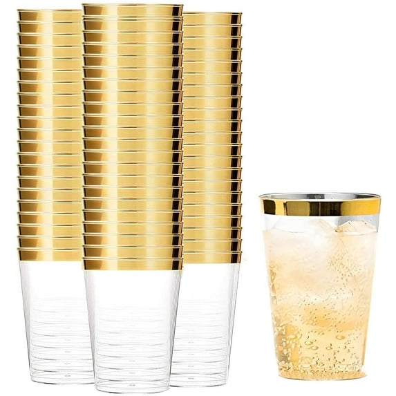 YSTDHL 40 Pack Clear Plastic Cups Party Glasses, 12Oz Disposable Cups Plastic Tumblers, Elegant Party Tumblers Cups Wedding Cups with Gold Rim