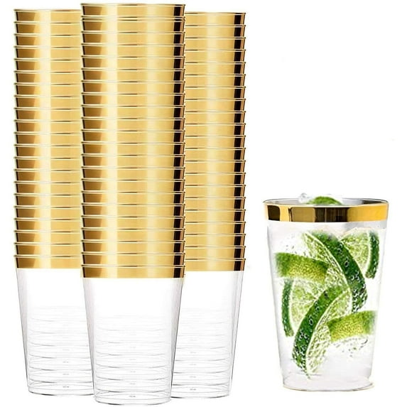 YSTDHL 40 Pack Clear Plastic Cups Party Glasses, 16Oz Disposable Cups Plastic Tumblers, Elegant Party Tumblers Cups Wedding Cups with Gold Rim