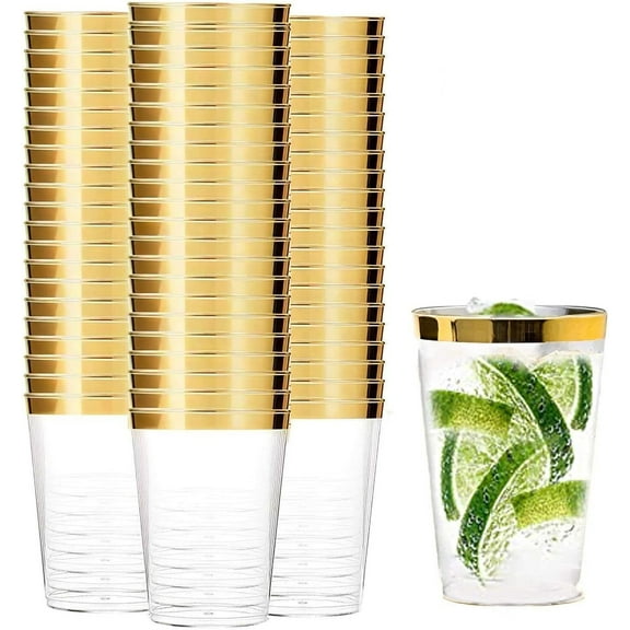 YSTDHL 60 Pack Gold Rimmed Plastic Cups, 12oz Clear Plastic Wedding Cups for Reception, Sturdy Disposable Elegant Party Tumblers Cups for Picnic, BBQ, Travel, Christmas, Events
