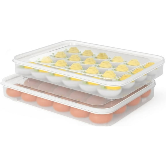 YSTDHL Deviled Egg Containers with Lid, (Set of 2), Plastic Egg Holder for Refrigerator for 48 Eggs, Clear Storage Deviled Egg Carrier Tray, Fridge Stackable Countertop Portable Egg Dispenser