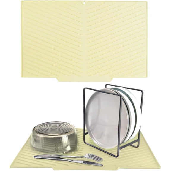YSTDHL Dish Drying Mat with Built-in Drain Lip, 43.3 x 30 cm V-shaped Dish Drainer Mat with Non-slip Design, BPA-free and Easy to Clean. Yellow