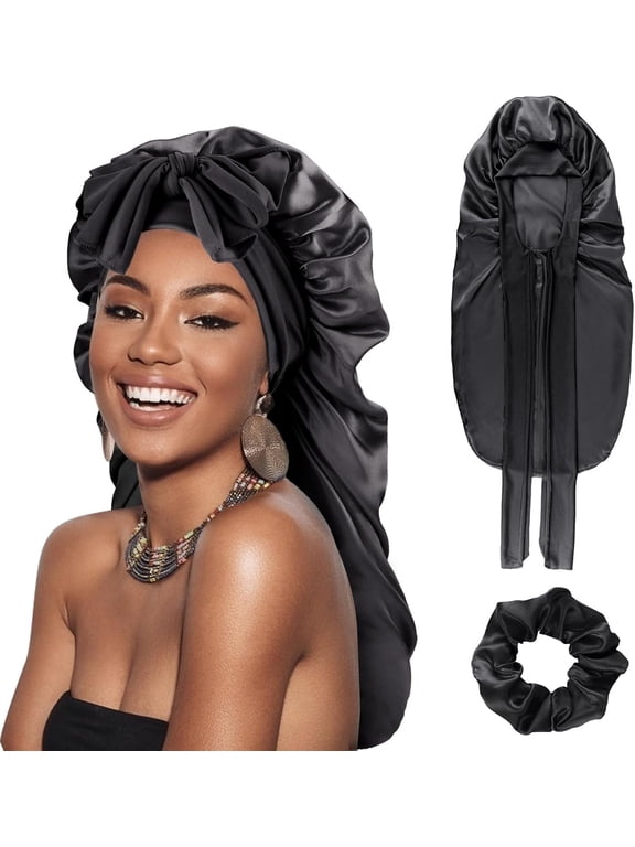 Long Satin Braid Bonnet for Women Silk Bonnet for Sleeping Sleep Cap with Elastic Tie Band Night Cap for Long Curly Hair Locs