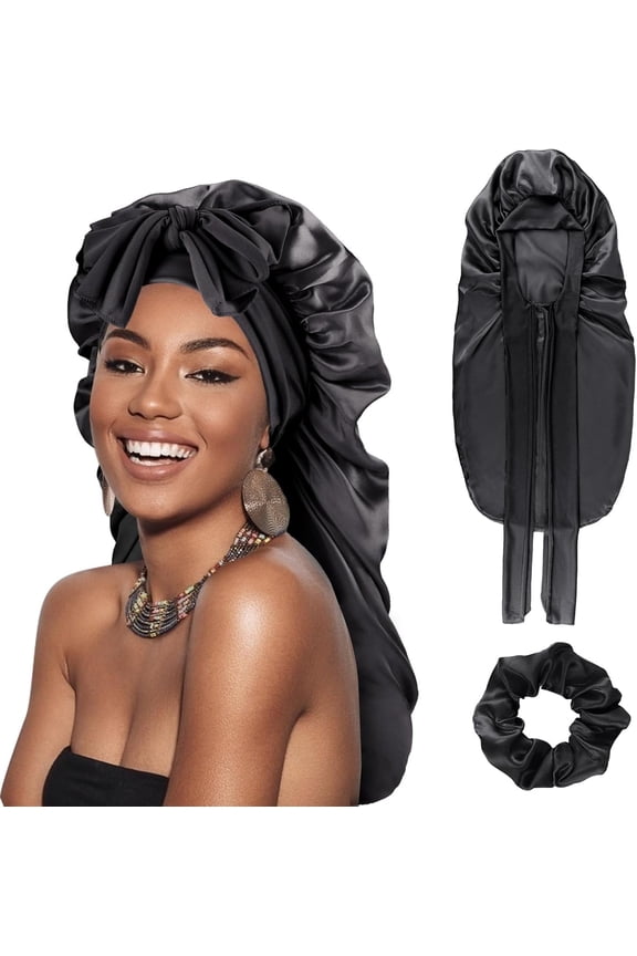 Long Satin Braid Bonnet for Women Silk Bonnet for Sleeping Sleep Cap with Elastic Tie Band Night Cap for Long Curly Hair Locs